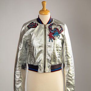 PINKO Silver Castoro Bomber with Appliqué Jacket Size 6